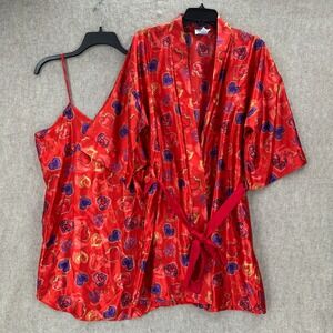 VTG Gabrielle Intimates Red Heart Print Satin Robe and Chemise Set‎ Medium 2pc